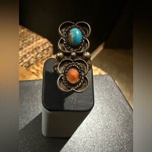 Vintage Navajo Sterling Silver Turquoise and Coral Ring